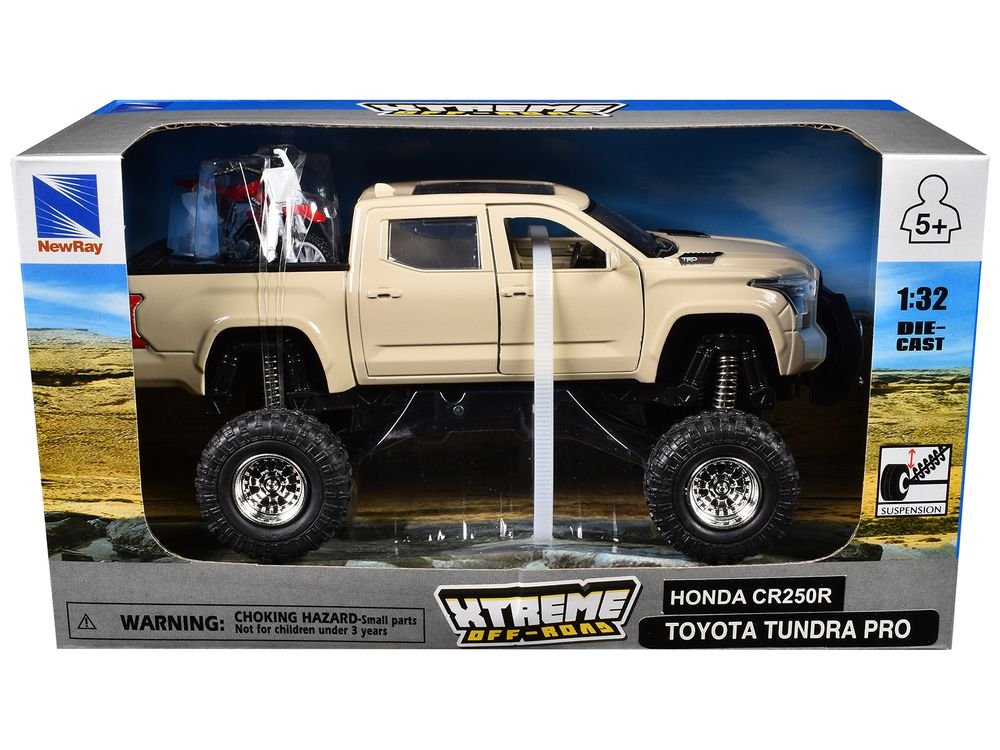 Toyota Tundra Pro Pickup Truck Tan and Honda CR250R Motorcycle Red and White "Xtreme Off-Road" Series 1/32 Diecast Models by New Ray view 3