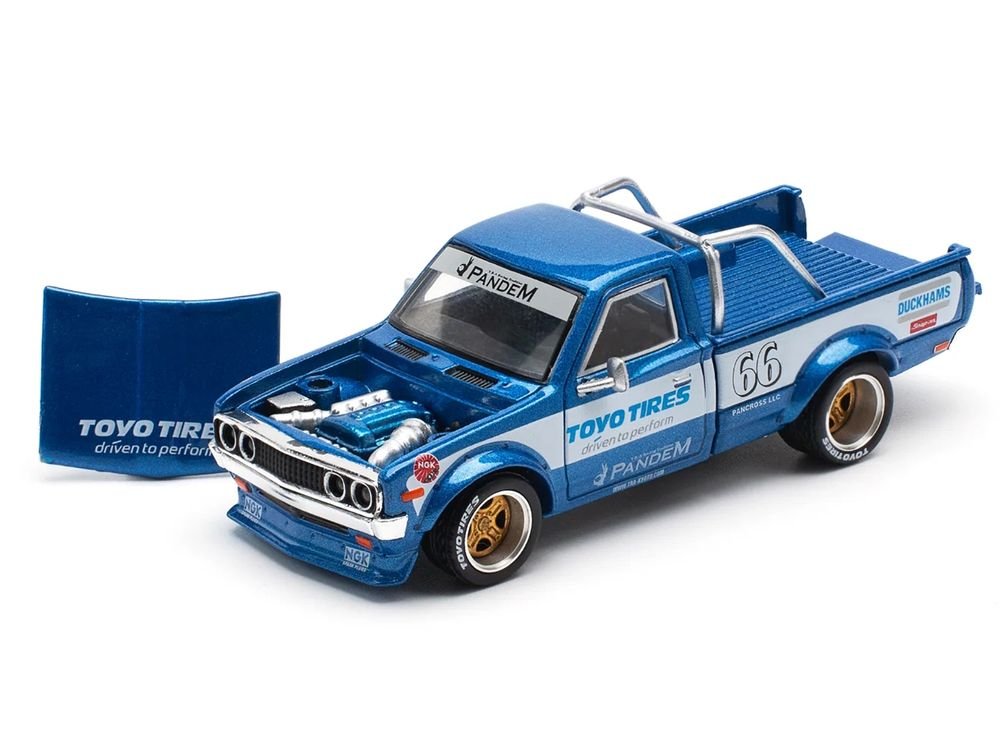 Datsun Pandem 620 Pickup Truck #66 Blue Metallic with White Stripes and Graphics 1/64 Diecast Model Car by Pop Race view 2