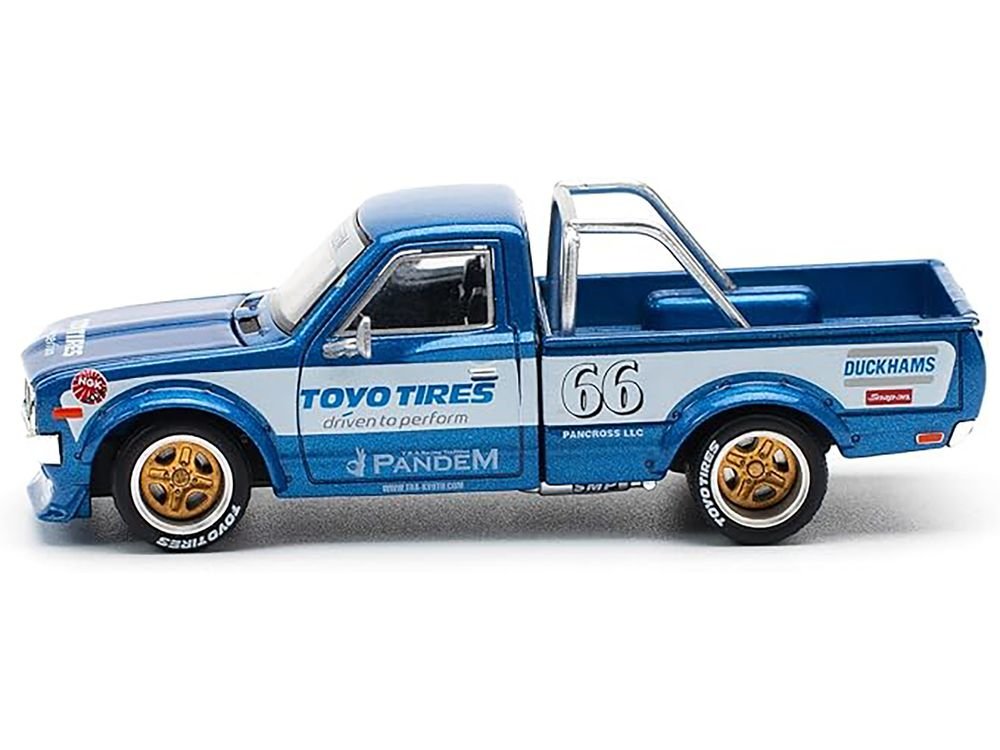 Datsun Pandem 620 Pickup Truck #66 Blue Metallic with White Stripes and Graphics 1/64 Diecast Model Car by Pop Race view 3