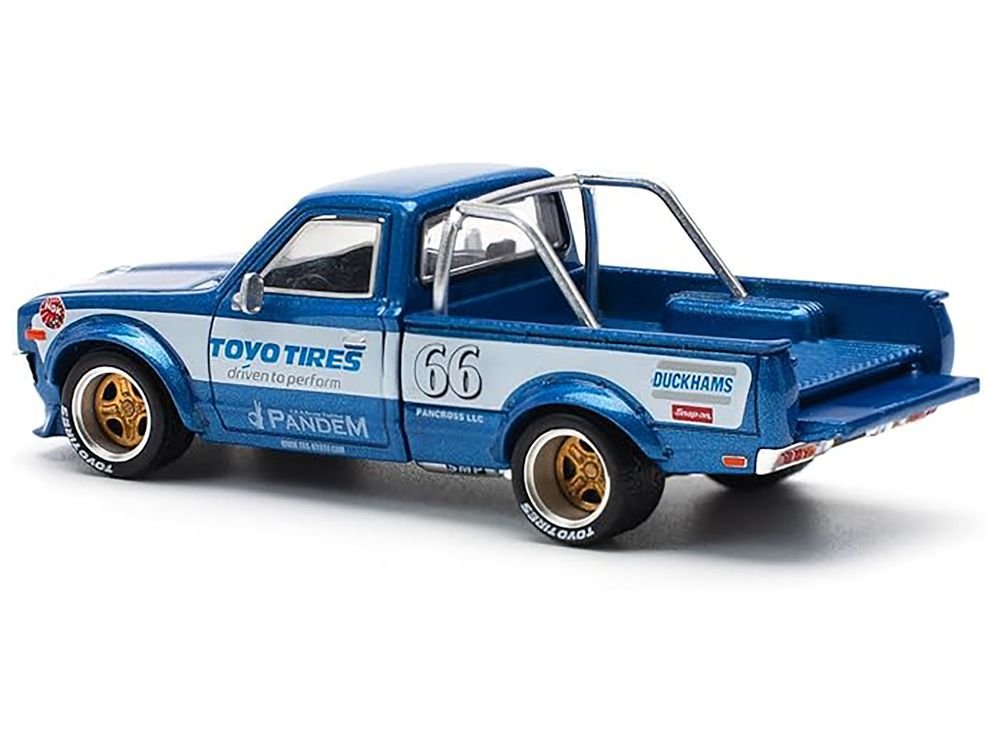 Datsun Pandem 620 Pickup Truck #66 Blue Metallic with White Stripes and Graphics 1/64 Diecast Model Car by Pop Race view 4