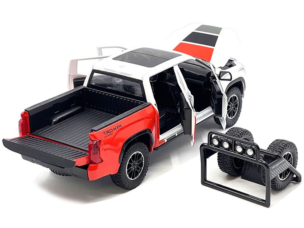 2023 Toyota Tundra TRD 4x4 Pickup Truck White and Red with Black and Gray Stripes with Sunroof and Wheel Rack Limited Edition to 2400 pieces Worldwide 1/24 Diecast Model Car view 2