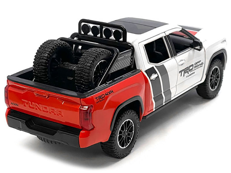 2023 Toyota Tundra TRD 4x4 Pickup Truck White and Red with Black and Gray Stripes with Sunroof and Wheel Rack Limited Edition to 2400 pieces Worldwide 1/24 Diecast Model Car view 3