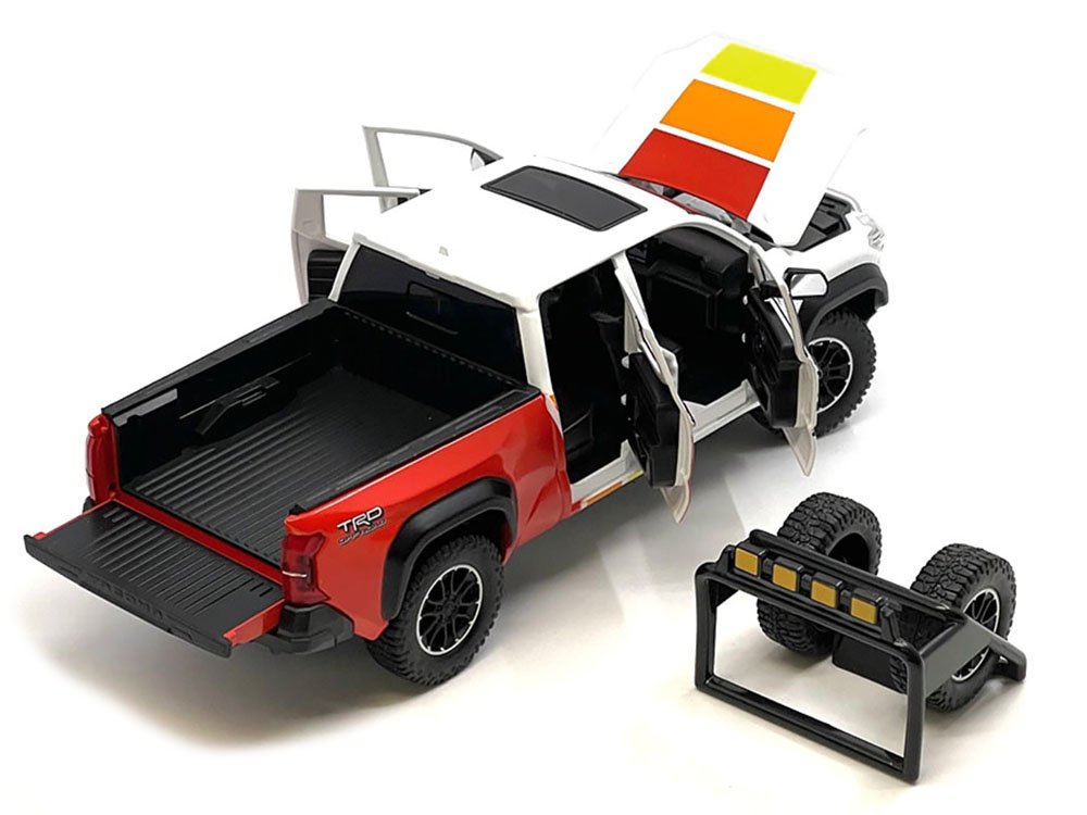 2024 Toyota Tacoma TRD Off Road Edition Pickup Truck White and Red with TRD Stripes with Sunroof and Wheel Rack Limited Edition to 2400 pieces Worldwide 1/24 Diecast Model Car view 2