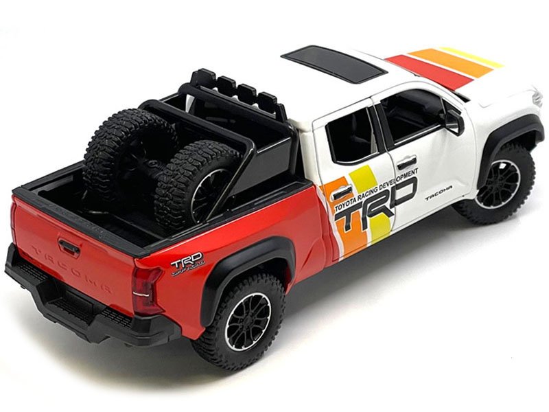 2024 Toyota Tacoma TRD Off Road Edition Pickup Truck White and Red with TRD Stripes with Sunroof and Wheel Rack Limited Edition to 2400 pieces Worldwide 1/24 Diecast Model Car view 3