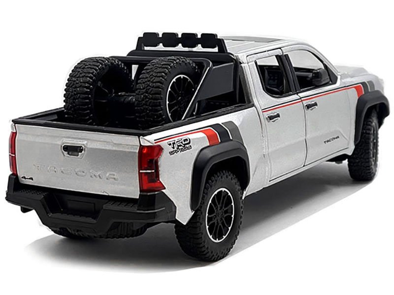 2024 Toyota Tacoma TRD Off Road Edition Pickup Truck Silver Metallic with TRD Stripes with Sunroof and Wheel Rack Limited Edition to 2400 pieces Worldwide 1/24 Diecast Model Car view 2