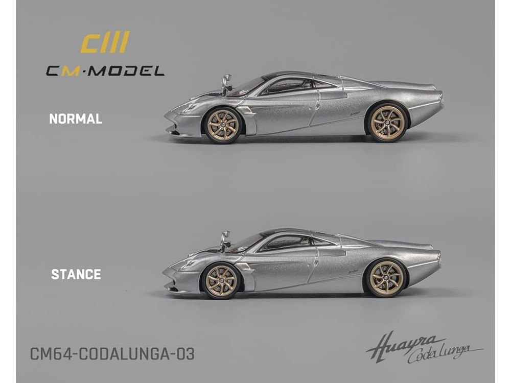 Pagani Huayra Codalunga Silver Metallic with Sunroof and Extra Wheels 1/64 Diecast Model Car by CM Model view 3