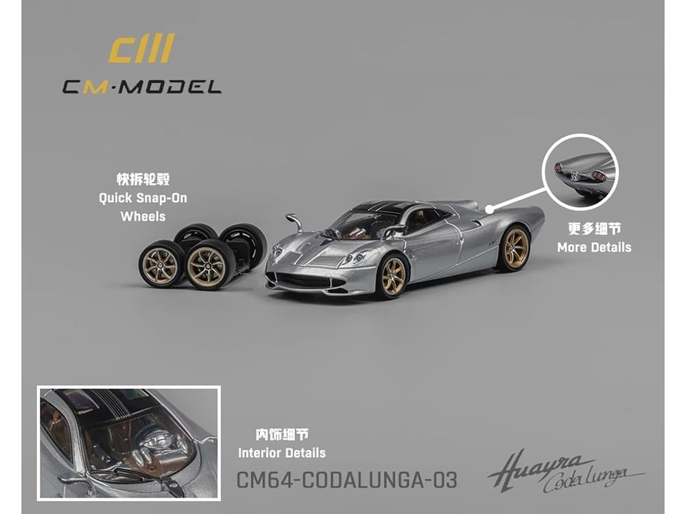Pagani Huayra Codalunga Silver Metallic with Sunroof and Extra Wheels 1/64 Diecast Model Car by CM Model view 4