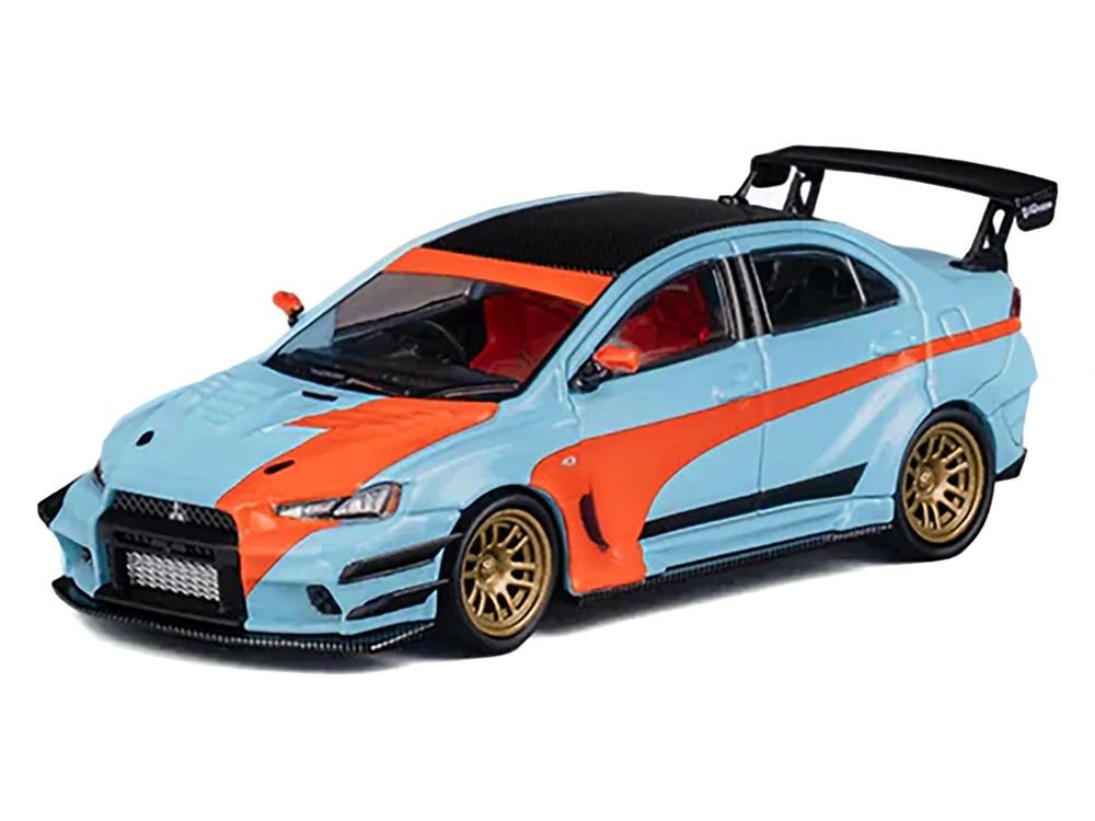 Mitsubishi Lancer Evolution X Varis RHD (Right Hand Drive) Light Blue with Black Top and Orange Stripes 1/64 Diecast Model Car by CM Model view 3