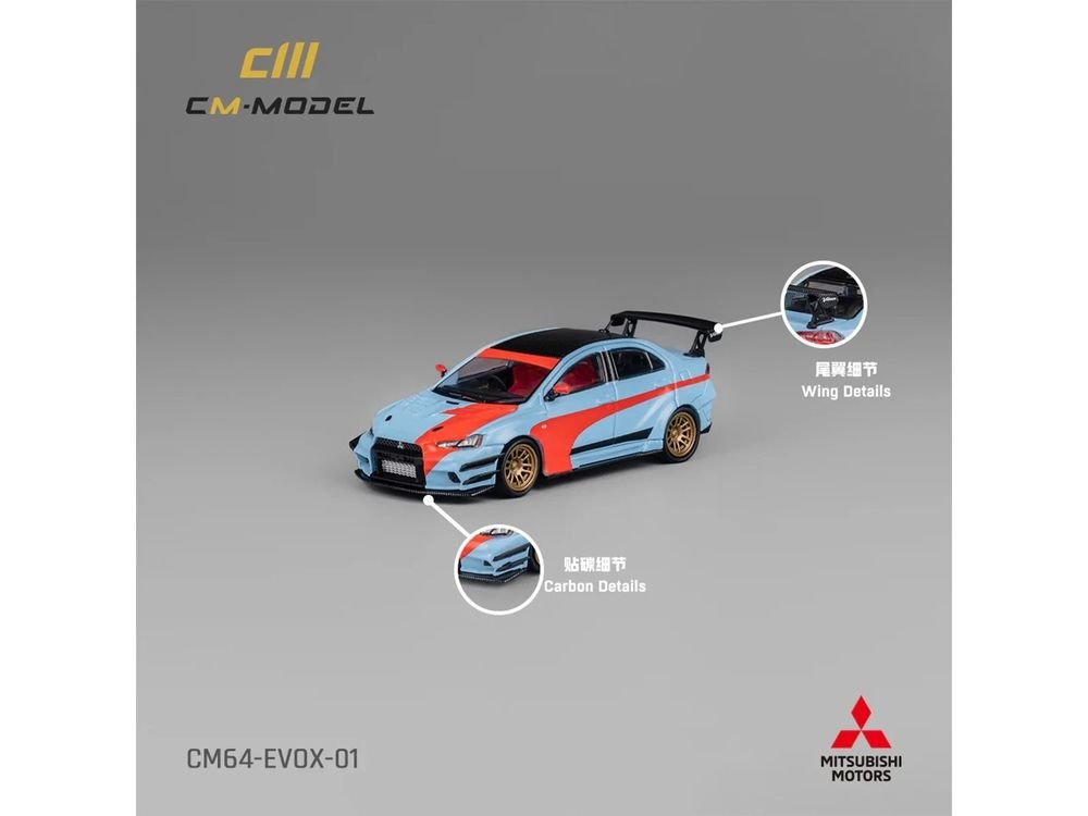 Mitsubishi Lancer Evolution X Varis RHD (Right Hand Drive) Light Blue with Black Top and Orange Stripes 1/64 Diecast Model Car by CM Model view 4