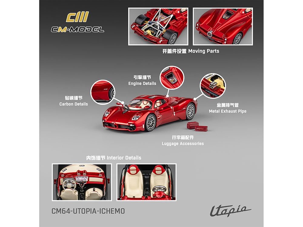 Pagani Utopia Red Metallic with Red Carbon Top 1/64 Diecast Model Car by CM Model view 4