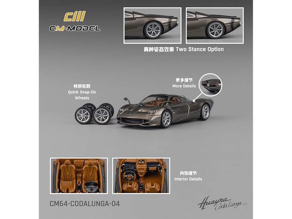 Pagani Huayra Codalunga Gun Metal Gray Metallic with Sunroof and Extra Wheels 1/64 Diecast Model Car by CM Model view 3