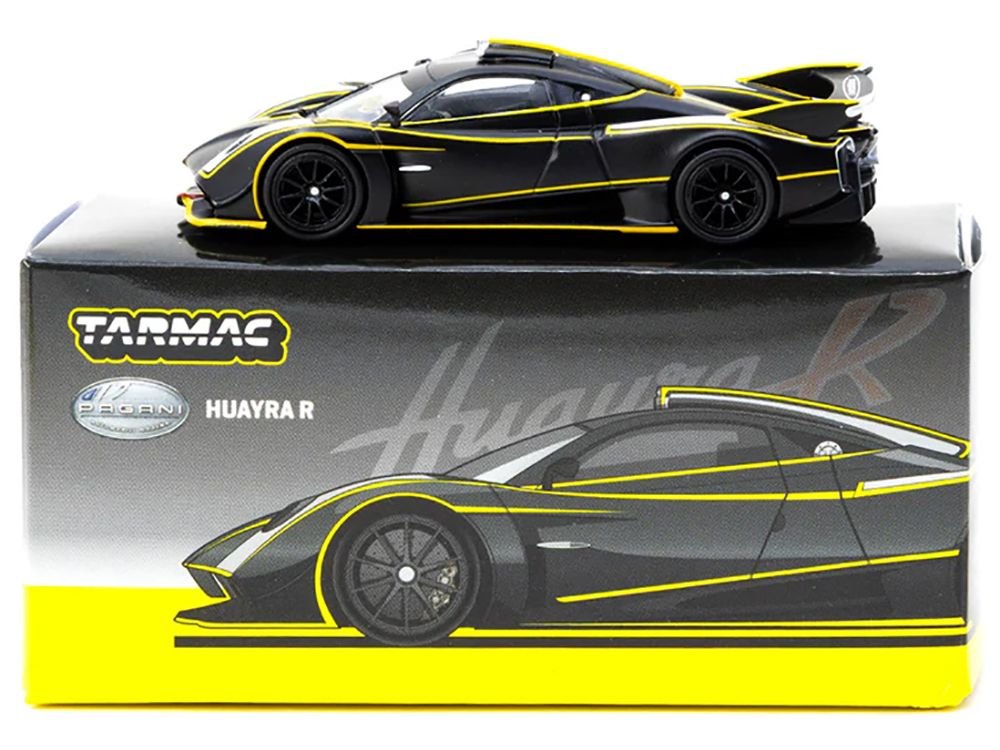 Pagani Huayra R Matt Black with Silver Accents and Yellow Stripes "Global64" Series 1/64 Diecast Model by Tarmac Works view 3