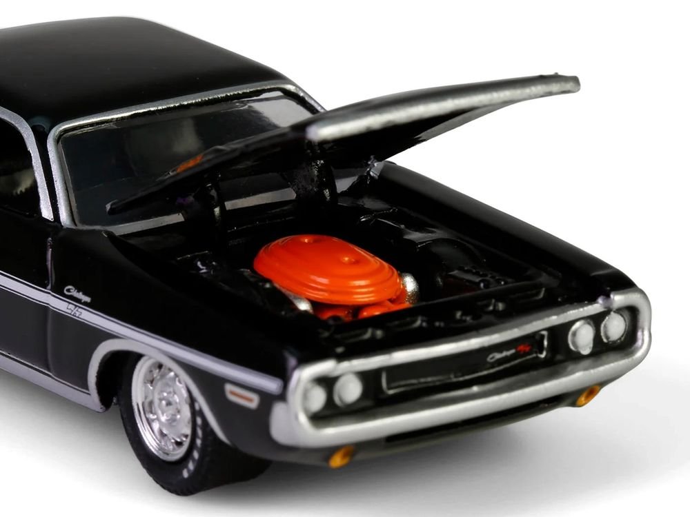 1970 Dodge Challenger R/T 440 Black with White Stripes "Barrett-Jackson" Series 15 1/64 Diecast Model Car by Greenlight view 2