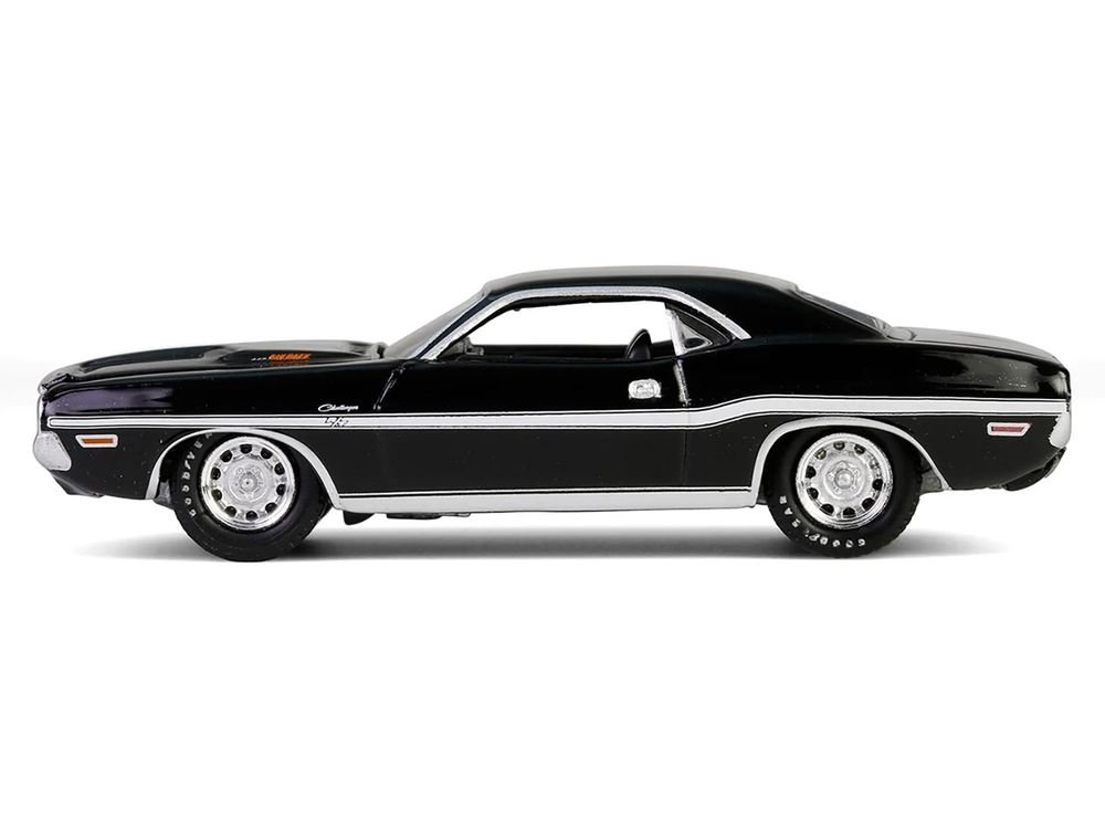 1970 Dodge Challenger R/T 440 Black with White Stripes "Barrett-Jackson" Series 15 1/64 Diecast Model Car by Greenlight view 3