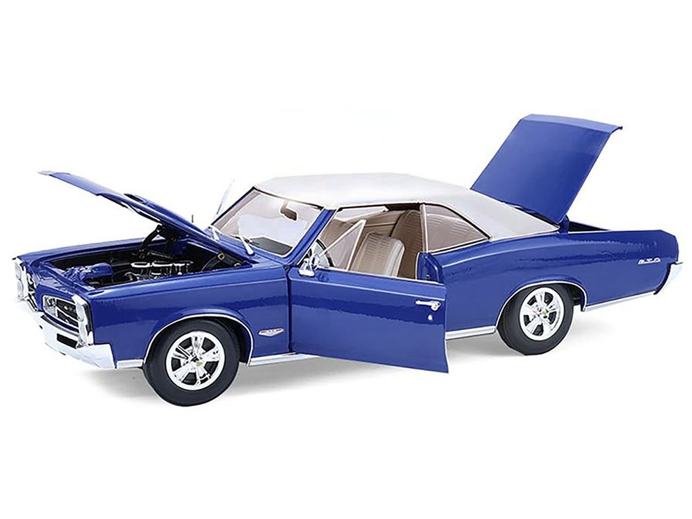 1966 Pontiac GTO Barrier Blue with White Top and Interior 1/18 Diecast Model Car by Highway 61 view 3