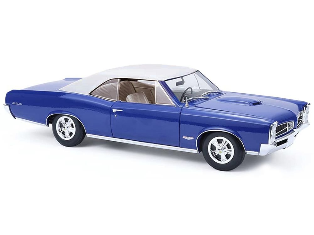1966 Pontiac GTO Barrier Blue with White Top and Interior 1/18 Diecast Model Car by Highway 61 view 4