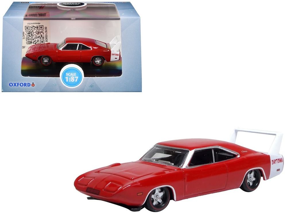 1969 Dodge Charger Daytona Red with White Stripe 1/87 (HO) Scale Diecast Model Car by Oxford Diecast