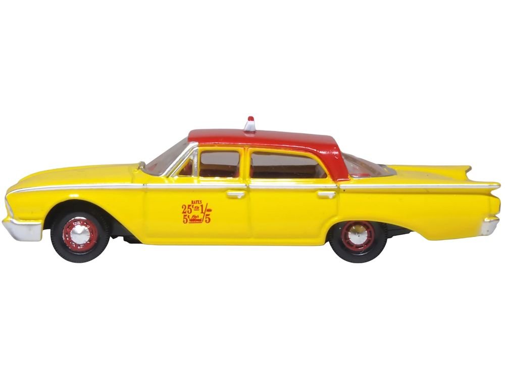 1960 Ford Fairlane Sedan "NYC Taxi" Yellow with Red Top and Interior 1/87 (HO) Scale Diecast Model Car by Oxford Diecast view 2