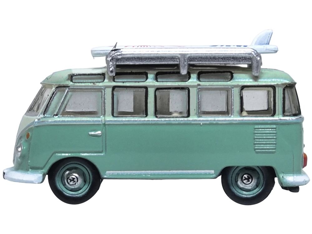 Volkswagen T1 Samba Bus RHD (Right Hand Drive) Green Two-Tone with Surfboards on Roof Rack 1/148 (N) Scale Diecast Model Car by Oxford Diecast view 2