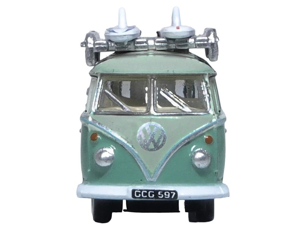 Volkswagen T1 Samba Bus RHD (Right Hand Drive) Green Two-Tone with Surfboards on Roof Rack 1/148 (N) Scale Diecast Model Car by Oxford Diecast view 3