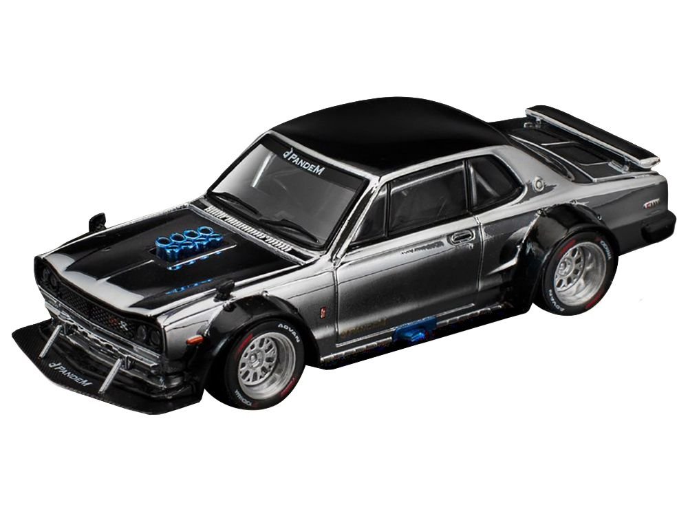 Skyline GT-R V8 Drift "Hakosuka" RHD (Right Hand Drive) Silver Chrome with Black Hood and Top 1/64 Diecast Model Car by Pop Race view 2