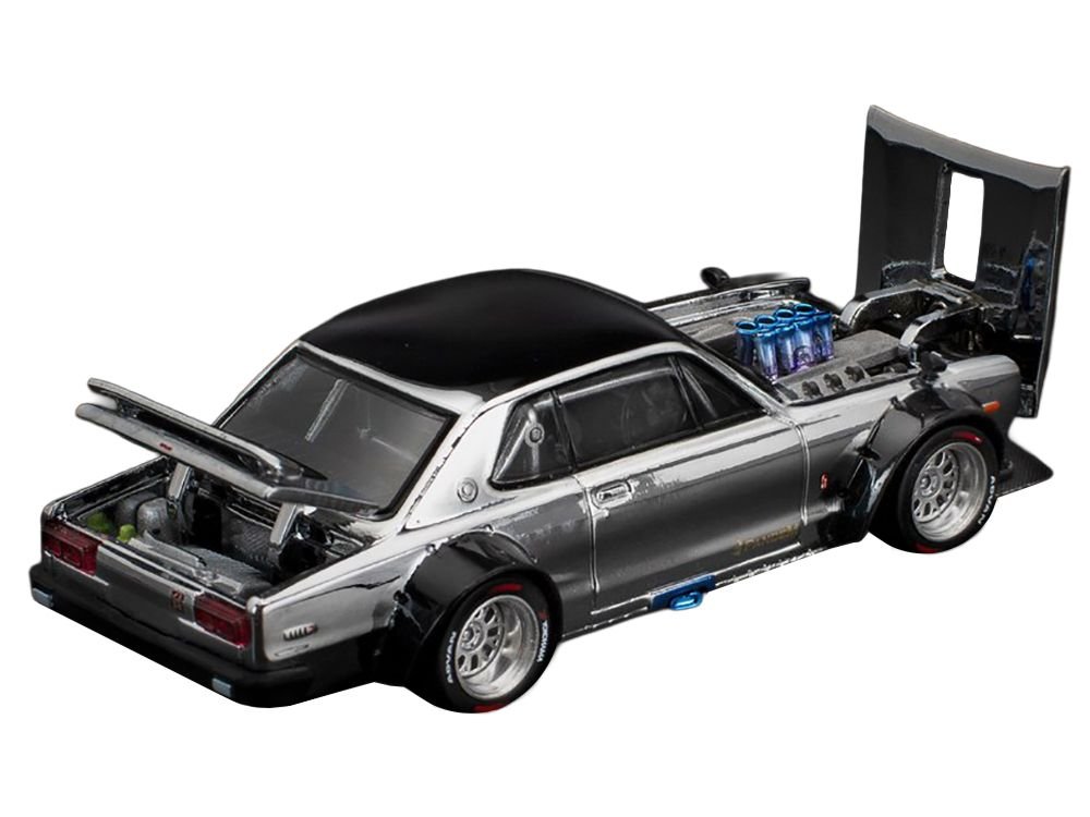 Skyline GT-R V8 Drift "Hakosuka" RHD (Right Hand Drive) Silver Chrome with Black Hood and Top 1/64 Diecast Model Car by Pop Race view 3
