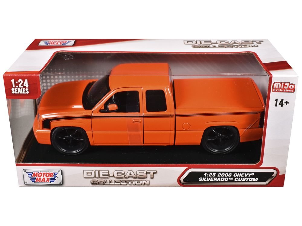 2006 Chevrolet Silverado Custom Pickup Truck Orange Metallic with Black Stripes "Die-Cast Collection" Series 1/25 Diecast Model Car by Motormax view 3