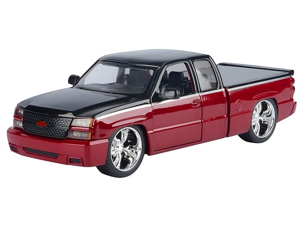 2006 Chevrolet Silverado Custom Pickup Truck Red Metallic and Black with Silver Stripes "Die-Cast Collection" Series 1/25 Diecast Model Car by Motormax view 2