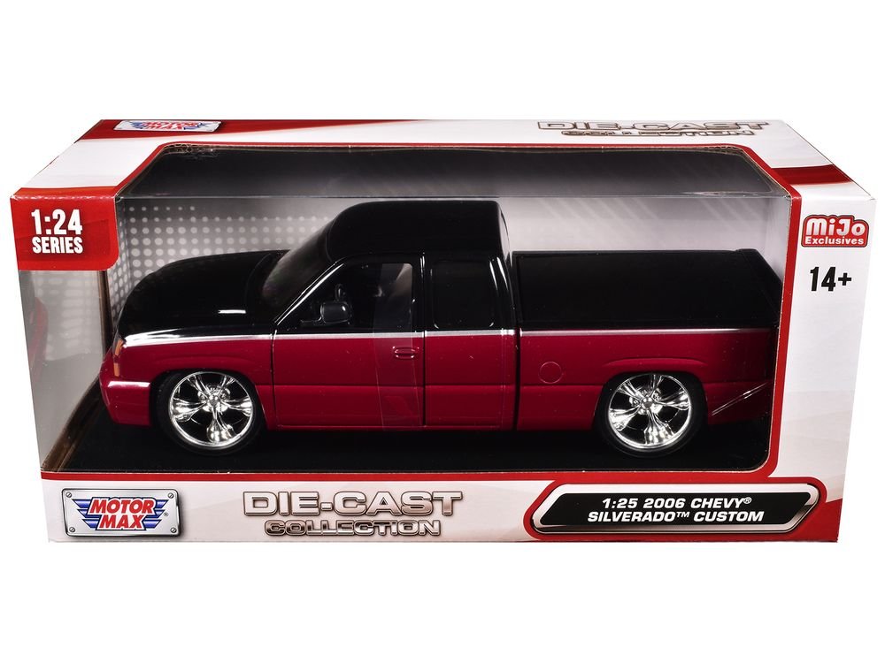 2006 Chevrolet Silverado Custom Pickup Truck Red Metallic and Black with Silver Stripes "Die-Cast Collection" Series 1/25 Diecast Model Car by Motormax view 3