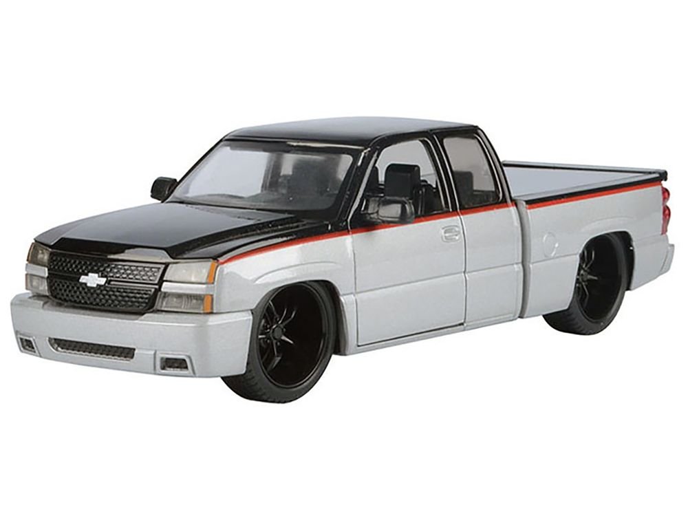 2006 Chevrolet Silverado Custom Pickup Truck Silver Metallic and Black with Red Stripes "Die-Cast Collection" Series 1/25 Diecast Model Car by Motormax view 2