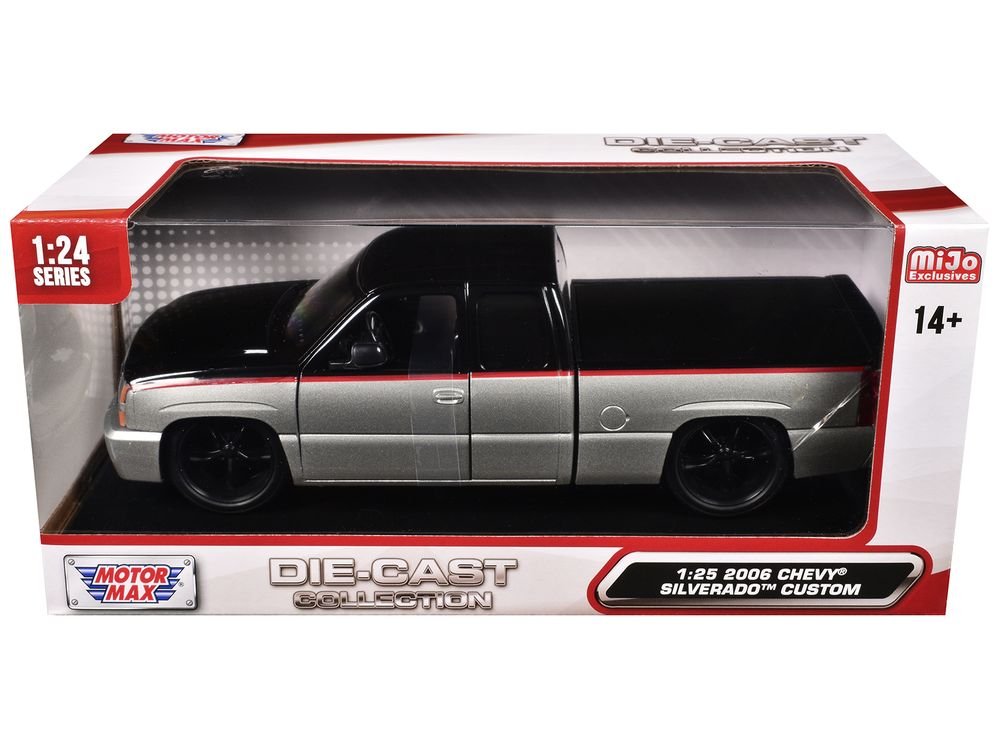 2006 Chevrolet Silverado Custom Pickup Truck Silver Metallic and Black with Red Stripes "Die-Cast Collection" Series 1/25 Diecast Model Car by Motormax view 3