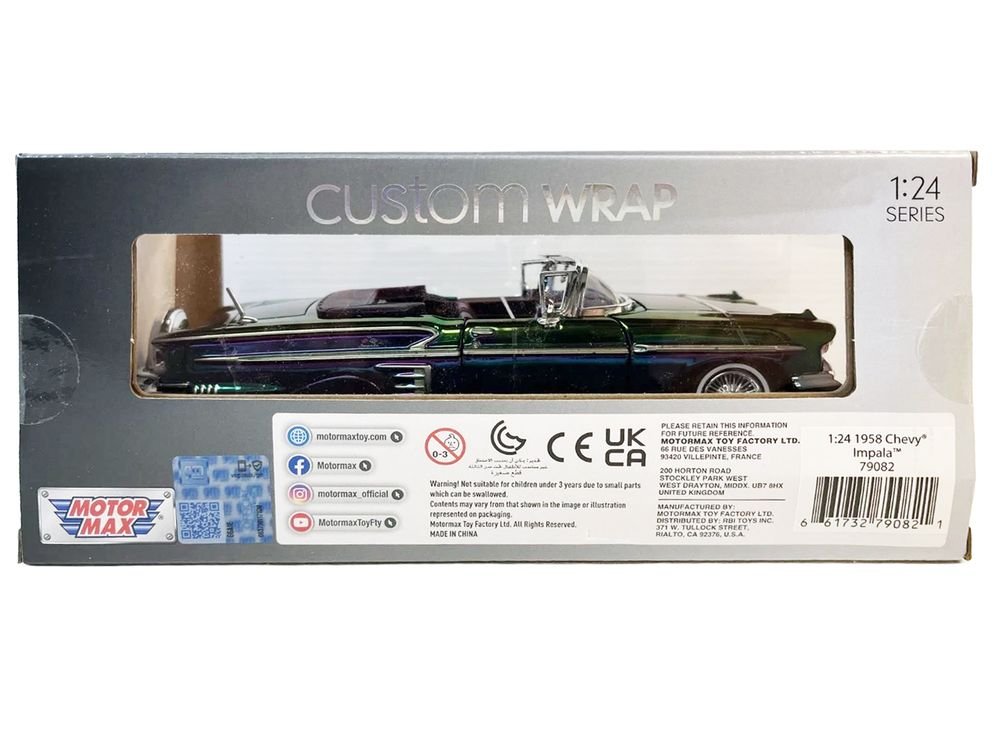 1958 Chevrolet Impala Green and Purple Chrome "Custom Wrap" Series 1/24 Diecast Model Car by Motormax view 2