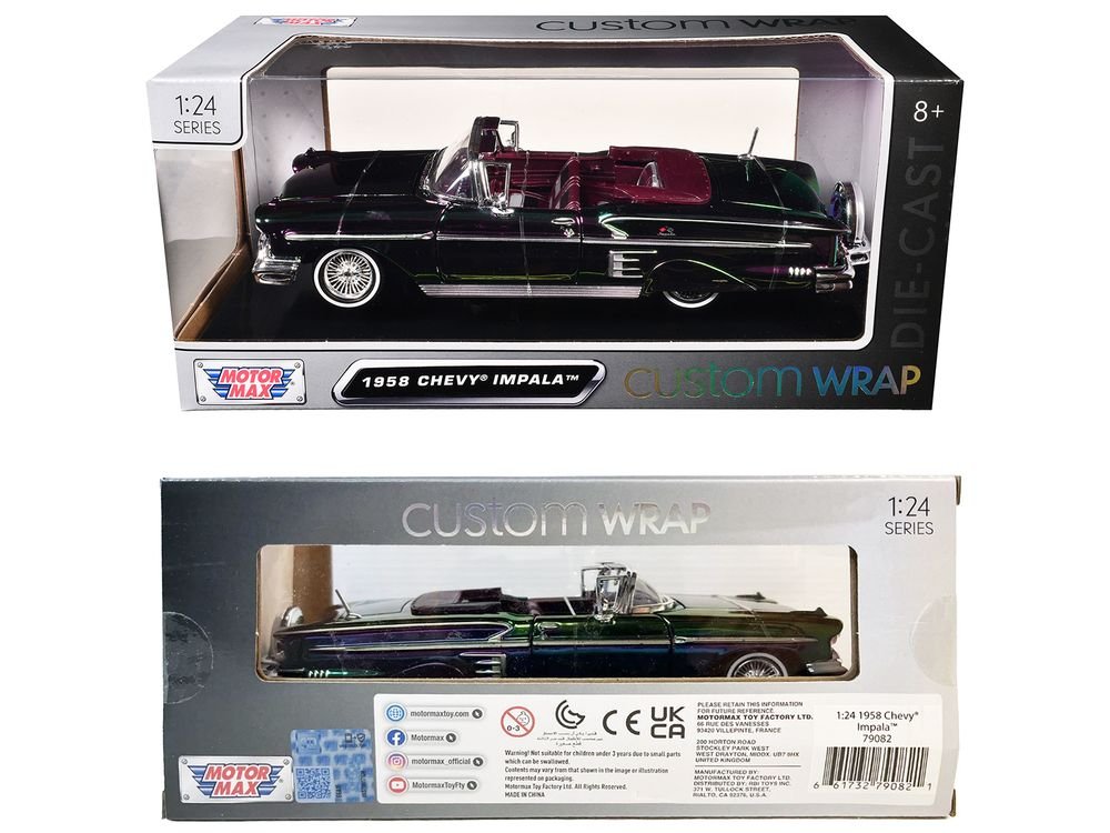 1958 Chevrolet Impala Green and Purple Chrome "Custom Wrap" Series 1/24 Diecast Model Car by Motormax view 3