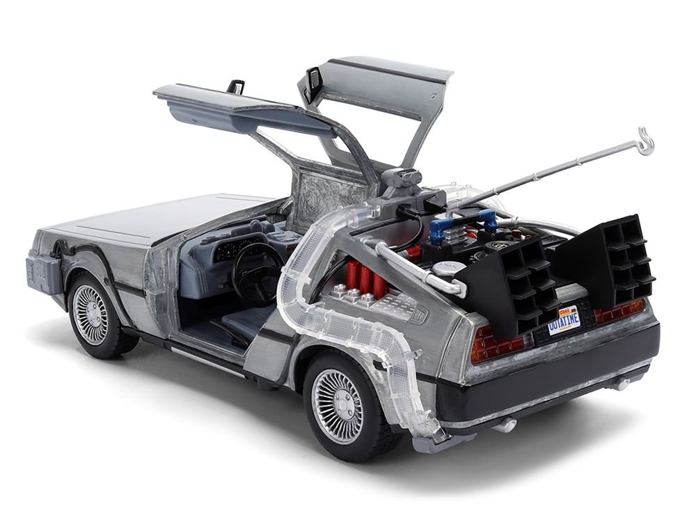 DeLorean Brushed Metal Time Machine with Lights "Back to the Future" (1985) Movie "40th Anniversary" Special Packaging "Hollywood Rides" Series 1/24 Diecast Model Car by Jada view 4