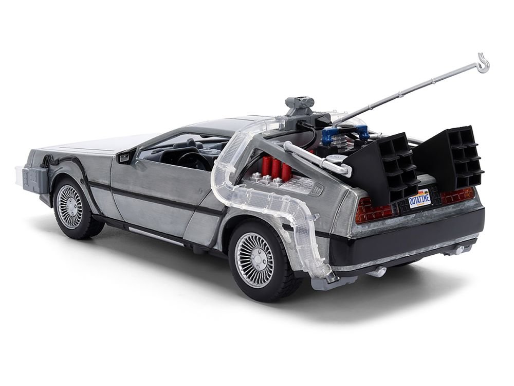 DeLorean Brushed Metal Time Machine with Lights "Back to the Future" (1985) Movie "40th Anniversary" Special Packaging "Hollywood Rides" Series 1/24 Diecast Model Car by Jada view 5