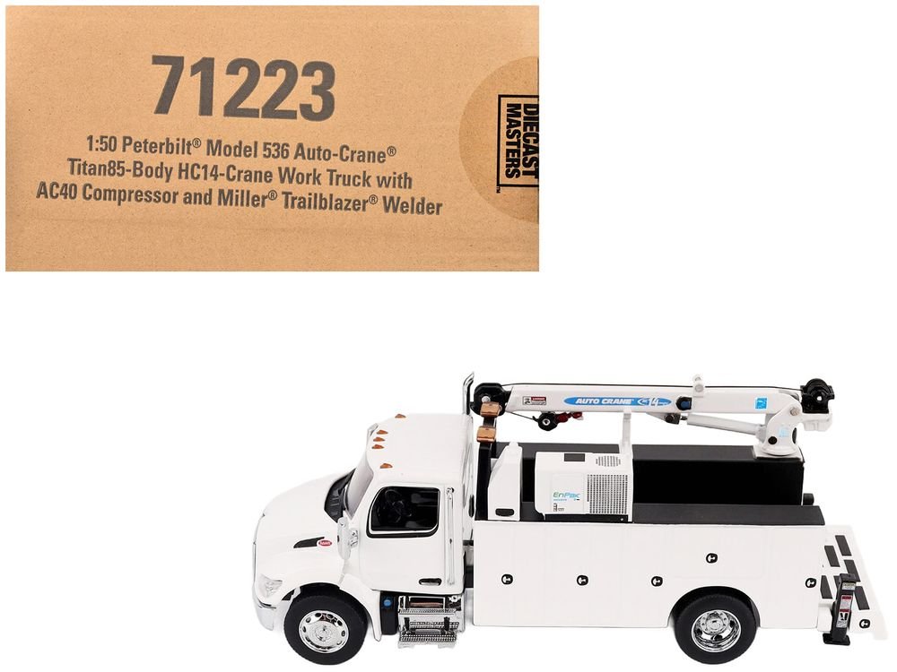 Peterbilt 536 Auto-Crane Titan 85-Body HC14-Crane Work Truck with Miller EnPak White "Transport Series" 1/50 Diecast Model by Diecast Masters