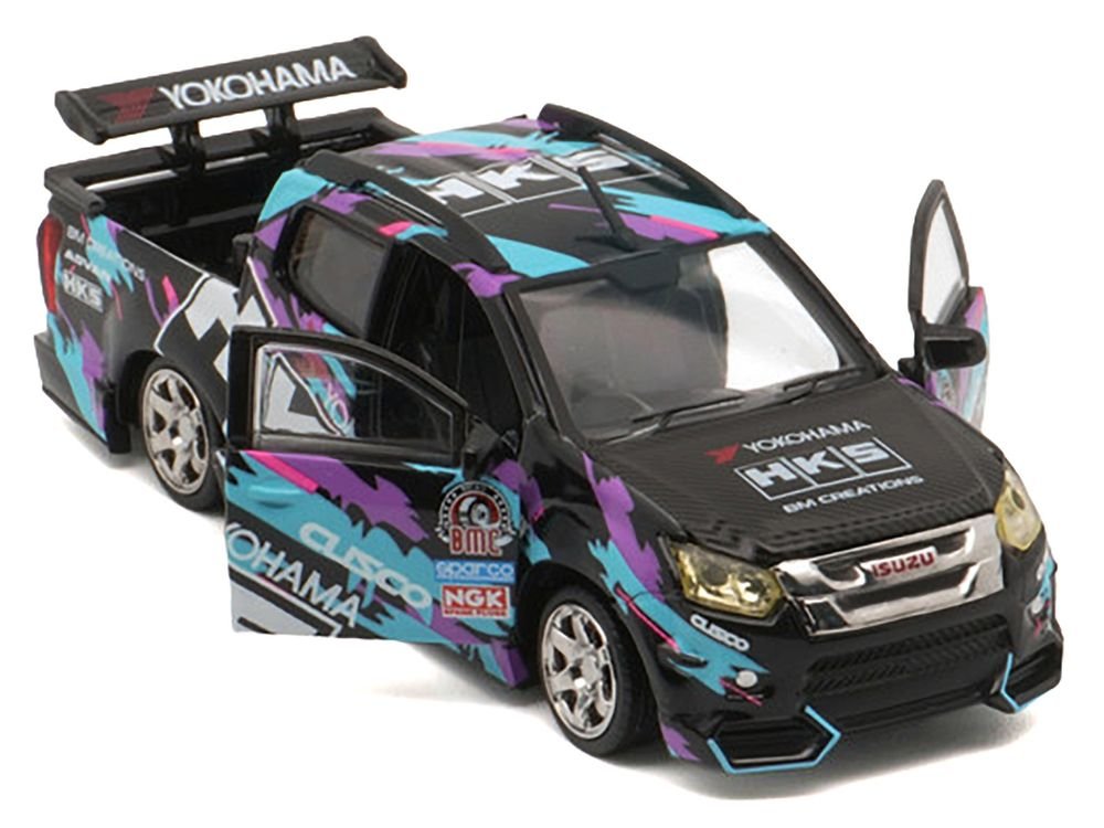 Isuzu D-Max Lowrider Pickup Truck RHD (Right Hand Drive) "HKS" Black with Graphics "Thailand Diecast Expo 2025" 1/64 Diecast Model Car by BM Creations view 2