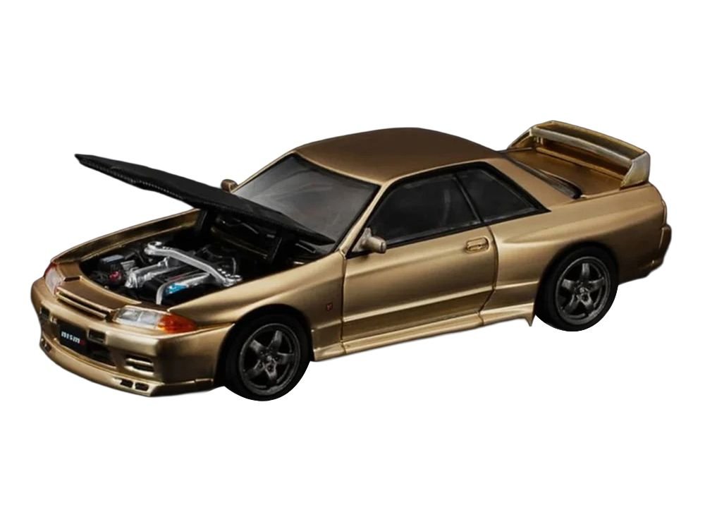 Skyline GT-R R32 RHD (Right Hand Drive) Chrome Gold with Carbon Hood "Tokyo Auto Salon 2025" 1/64 Diecast Model Car by Pop Race view 2
