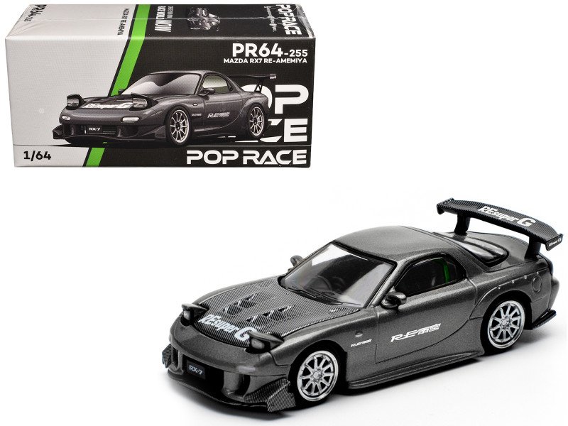 Mazda RX7 (FD) "RE Amemiya" Widebody RHD (Right Hand Drive) Gunmetal Gray Metallic with Carbon Hood 1/64 Diecast Model Car by Pop Race