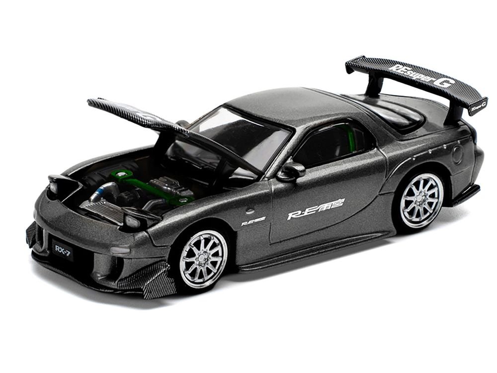 Mazda RX7 (FD) "RE Amemiya" Widebody RHD (Right Hand Drive) Gunmetal Gray Metallic with Carbon Hood 1/64 Diecast Model Car by Pop Race view 2