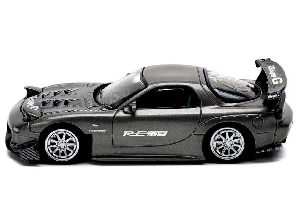 Mazda RX7 (FD) "RE Amemiya" Widebody RHD (Right Hand Drive) Gunmetal Gray Metallic with Carbon Hood 1/64 Diecast Model Car by Pop Race view 3