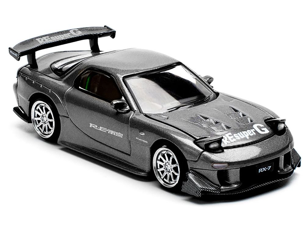 Mazda RX7 (FD) "RE Amemiya" Widebody RHD (Right Hand Drive) Gunmetal Gray Metallic with Carbon Hood 1/64 Diecast Model Car by Pop Race view 4
