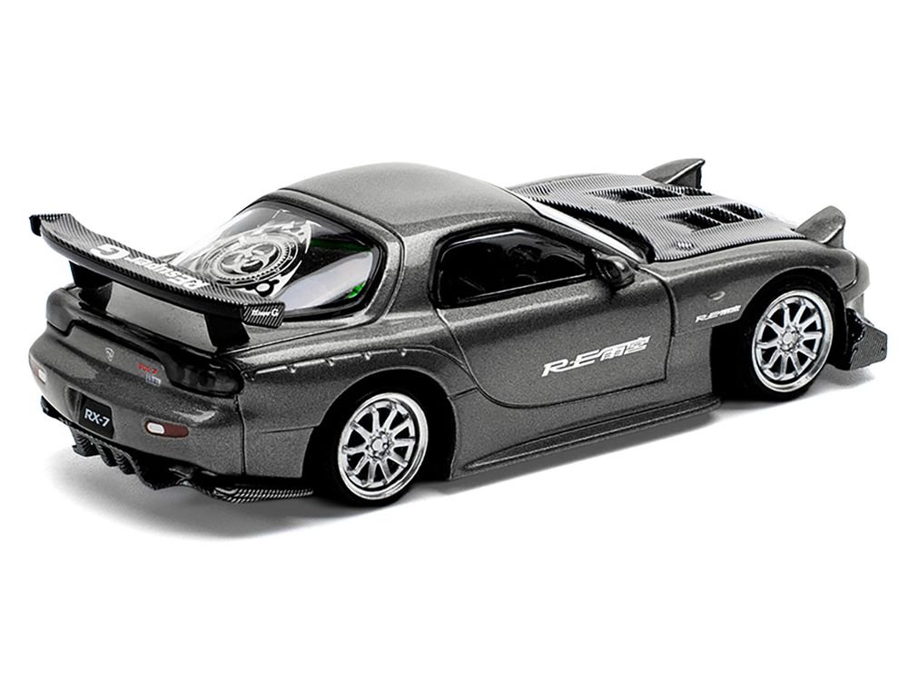Mazda RX7 (FD) "RE Amemiya" Widebody RHD (Right Hand Drive) Gunmetal Gray Metallic with Carbon Hood 1/64 Diecast Model Car by Pop Race view 5