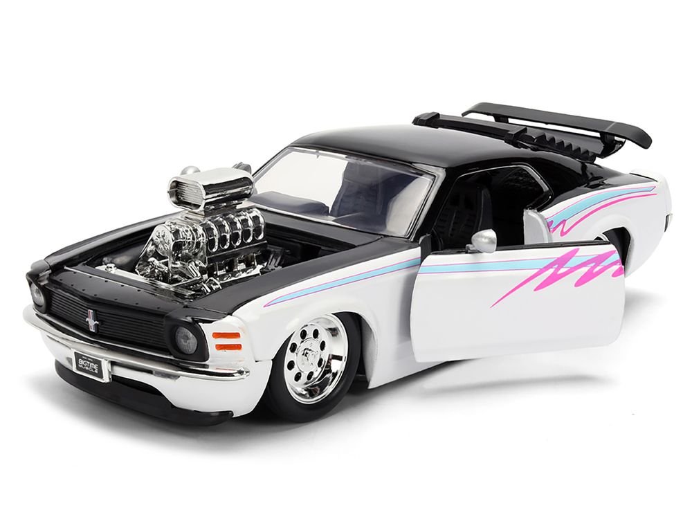 1970 Ford Mustang Boss 429 Black and White with Graphics "Bigtime Muscle" Series 1/24 Diecast Model Car by Jada view 2