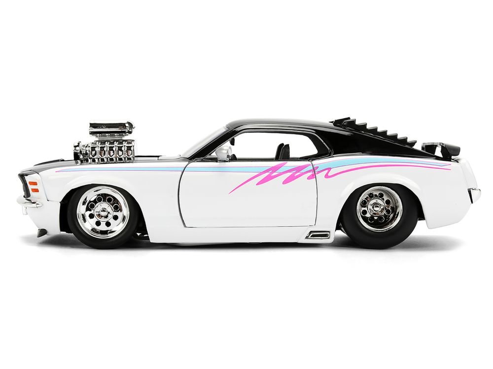 1970 Ford Mustang Boss 429 Black and White with Graphics "Bigtime Muscle" Series 1/24 Diecast Model Car by Jada view 3