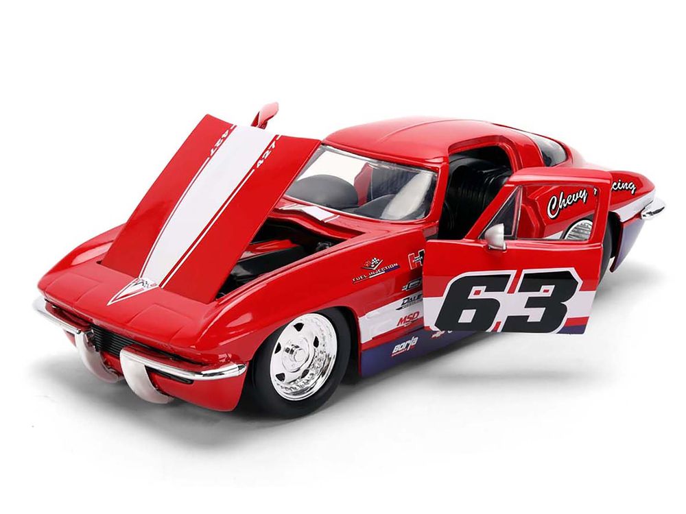 1963 Chevrolet Corvette Stingray #63 "Chevy Racing" Red with White and Blue Stripes "Bigtime Muscle" Series 1/24 Diecast Model Car by Jada view 2