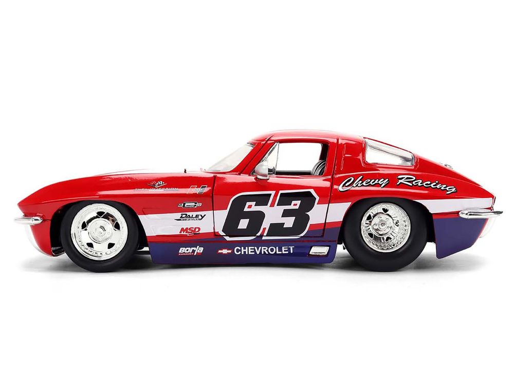 1963 Chevrolet Corvette Stingray #63 "Chevy Racing" Red with White and Blue Stripes "Bigtime Muscle" Series 1/24 Diecast Model Car by Jada view 3