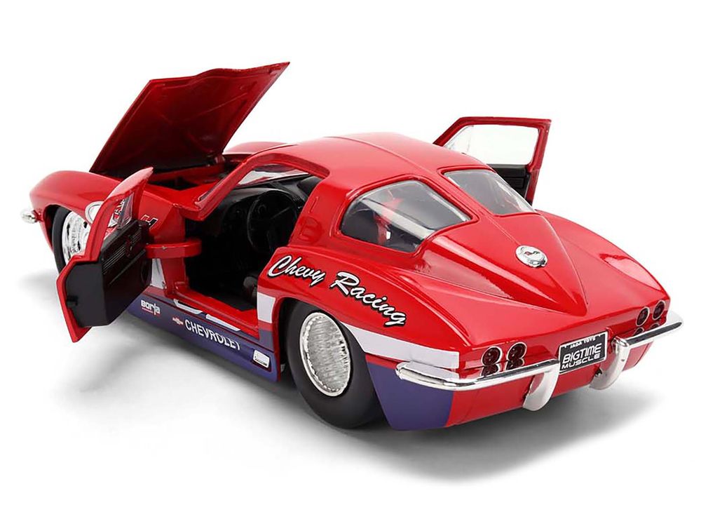 1963 Chevrolet Corvette Stingray #63 "Chevy Racing" Red with White and Blue Stripes "Bigtime Muscle" Series 1/24 Diecast Model Car by Jada view 4