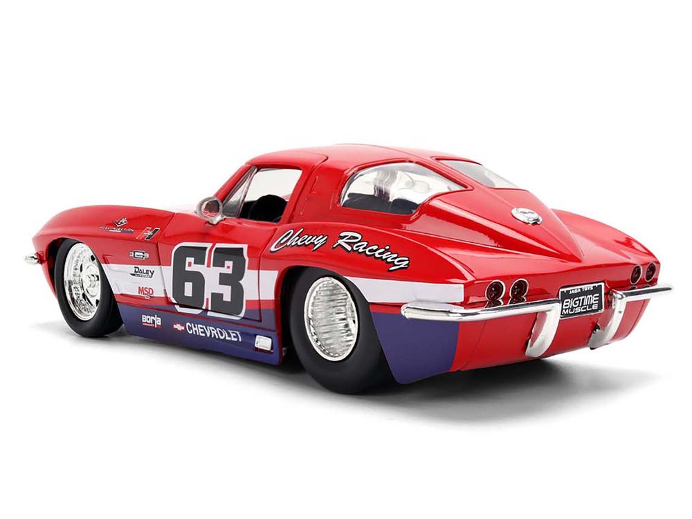 1963 Chevrolet Corvette Stingray #63 "Chevy Racing" Red with White and Blue Stripes "Bigtime Muscle" Series 1/24 Diecast Model Car by Jada view 5