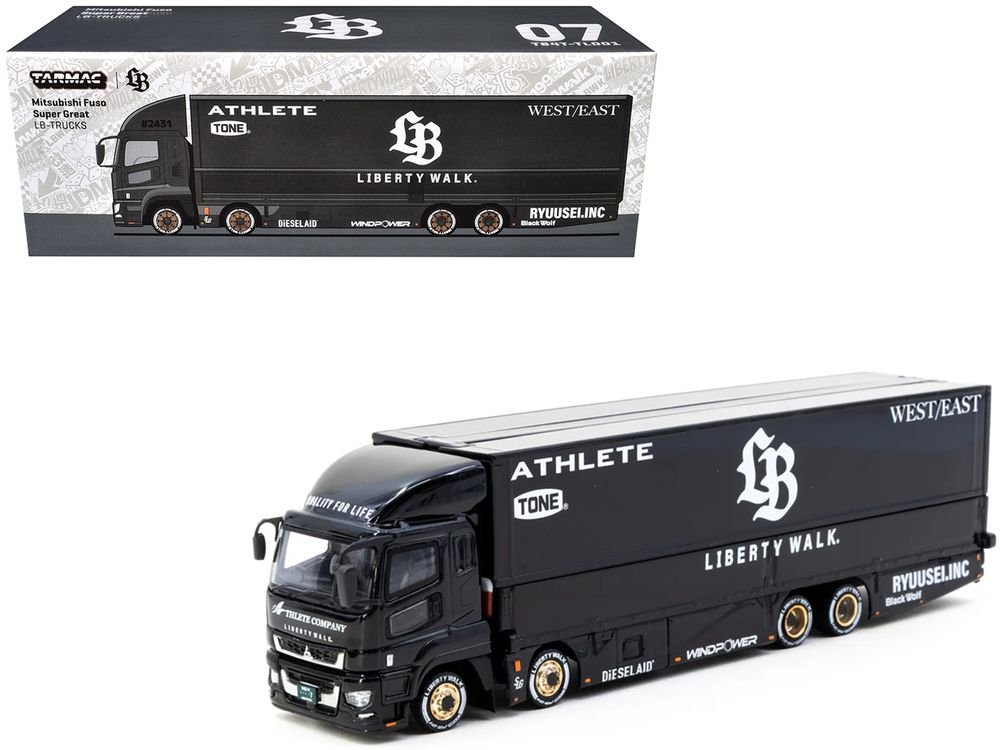 Mitsubishi Fuso Super Great Truck RHD (Right Hand Drive) with Transporter "Liberty Walk" Black "Truck64" Series 1/64 Diecast Model Car by Tarmac Works